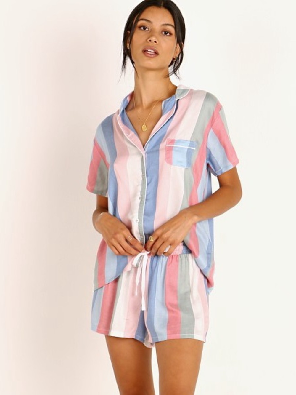 Splendid Pastel Multi-Stripe Short Pajama Set - Pink, Blue, Green, White